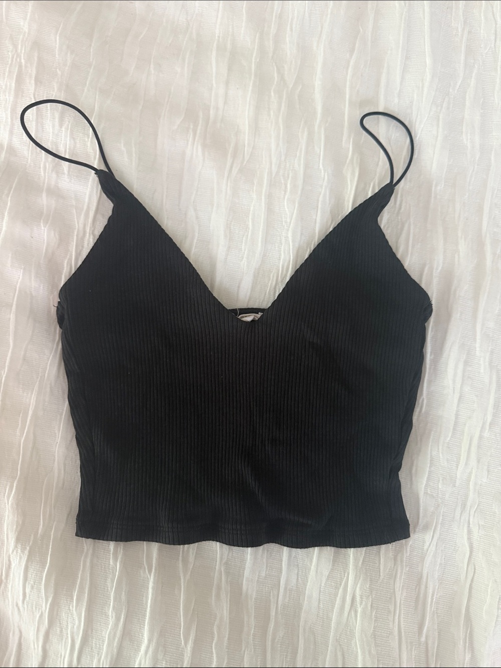 Garage Black Ribbed V-Neck Spaghetti Strap Crop Top